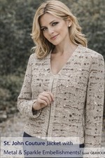 ST. JOHN COUTURE Sparkle Boucle Tweed Jacket Size 4 Crystals Rhinestones Blazer