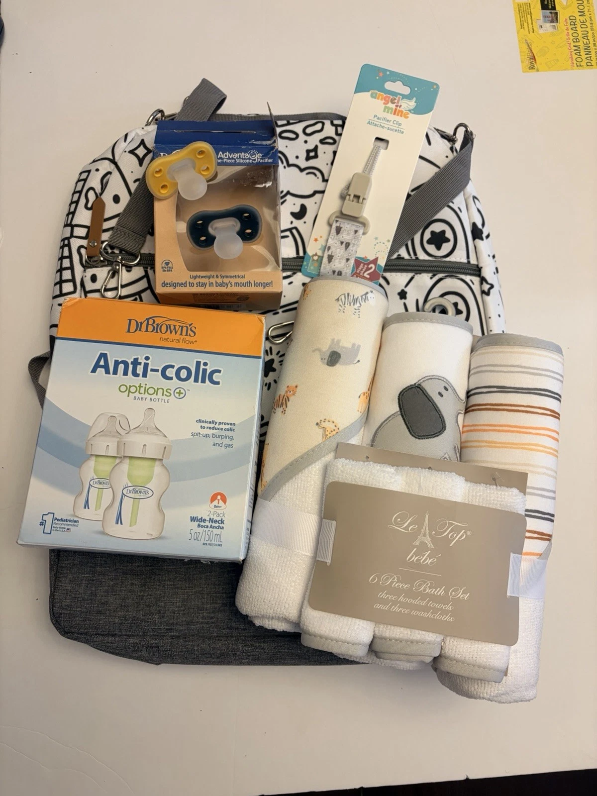 Baby Essentials Bundle Dr Browns Bottles Bath Set Pacifiers Clip Diaper Bag