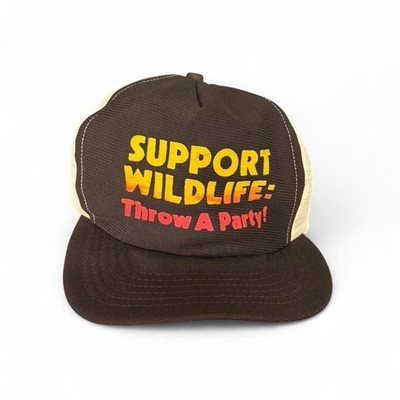Vintage 80s Support Wildlife Throw A Party OSFM Brown Trucker Hat