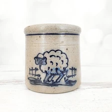 Vintage 1988 Rowe Pottery Works Salt Glazed Sheep and Fence Crock 4.5"