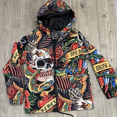 Rebel Vengeance AOP NON DUCOR DUCO Skulls Roses Windbreaker Hooded Jacket Small