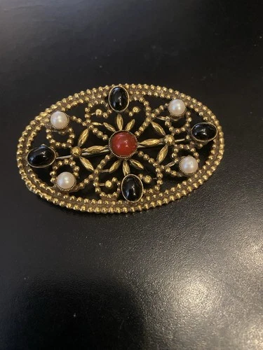 Vintage Brass Gold Tone Black Red Coral Pearl Broach Classic Costume Jewelry VTG