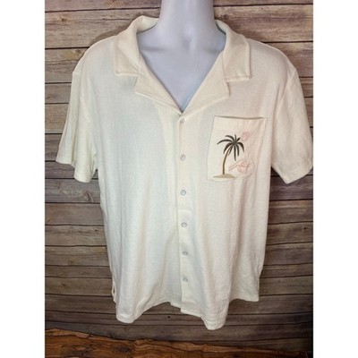 Free Planet Lost in Paradise Large Men Short Sleeve Button-Up Terrycloth White 