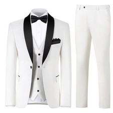 Men's 3 Piece Slim Fit Suit One Button Shawl Lapel Jacket Vest X-Large White
