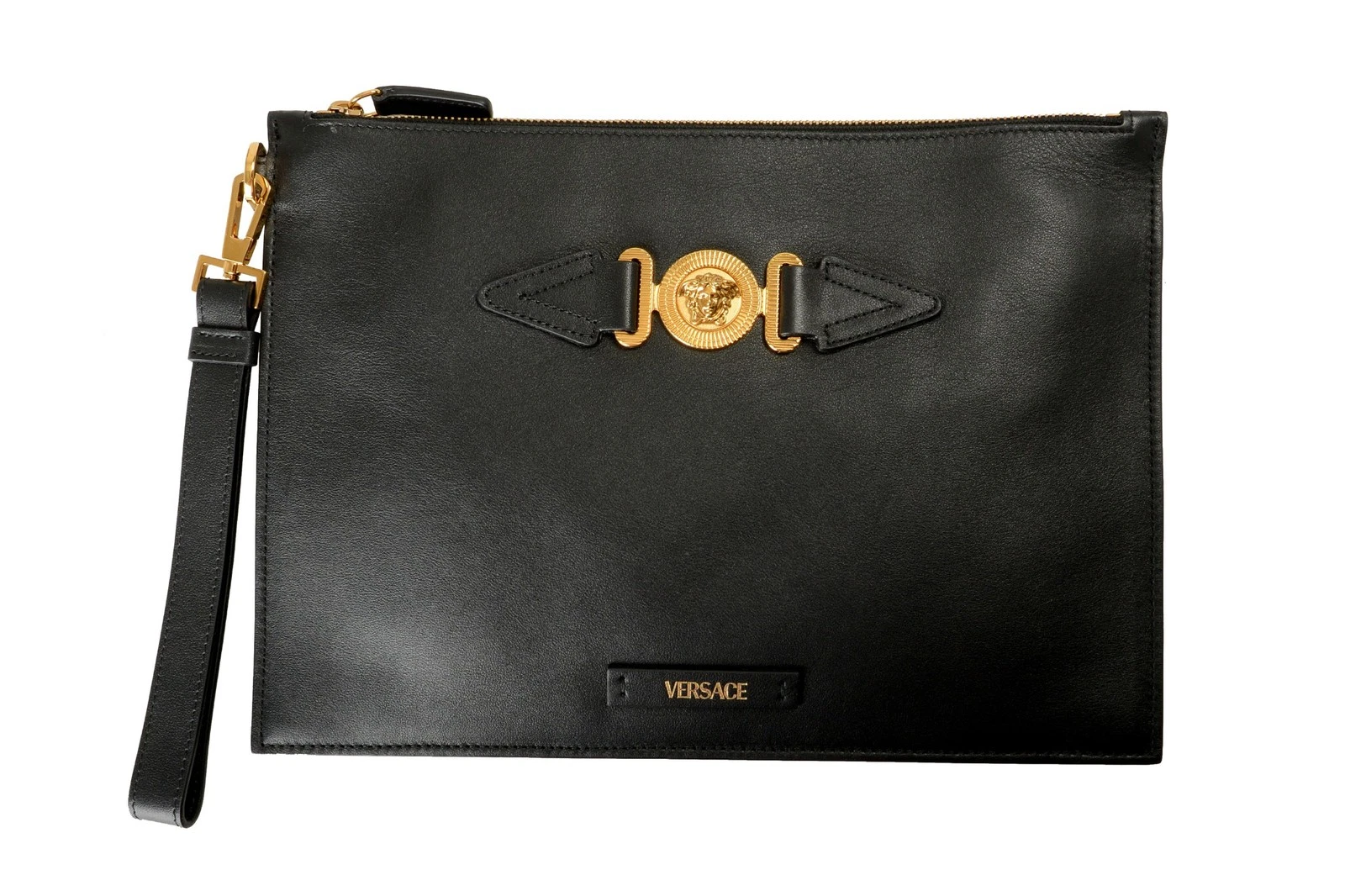 Versace — Versace Black Gold Medusa 100% Leather Wristlet Handbag Clutch Bag