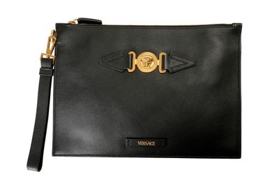 Versace Black Gold Medusa 100% Leather Wristlet Handbag Clutch Bag