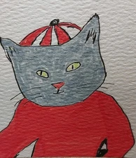 GAT ORIGINAL Painting Signed 3x3 Inch Cat In Red Whimsical Animals Kitten Art