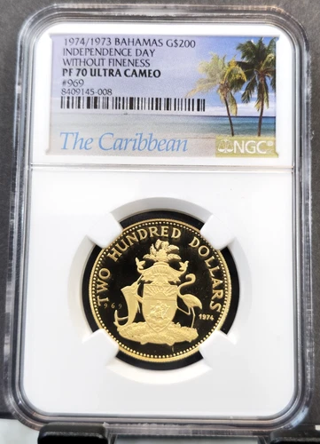 1974 BAHAMAS GOLD 200 DOLLARS INDEPENDENCE DAY NGC PF 70 ULTRA CAMEO RARE POP 1