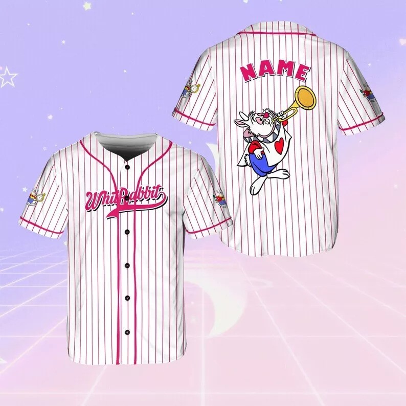 Camiseta deportiva de béisbol personalizada de Alicia en el País de las Maravillas personaje conejo blanco 3D