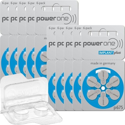 60x PowerOne Implant Plus Hörgerätebatterie P675 Blau (10x6er Bl.) +Transportbox