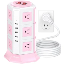 Pink Tower Power Strip with Surge Protection | 12 AC Outlets + 5 USB Ports | ...