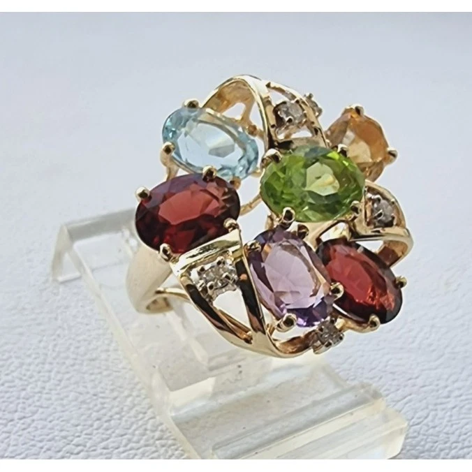 ORO AMARILLO 14K 585 DIAMANTE Y 7x5 mm. ANILLO MULTI PIEDRAS PRECIOSAS TALLA 5.75, 4.9 AT Foto 2 de 4
