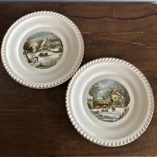 Vtg Currier and Ives Winter The Old Homestead, The Farmers Home Wall Plates 6”