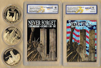 2002 23 Kt Gold World Trade Center 9/11 1st Black Patriotic 3 Coin Lot Grade 