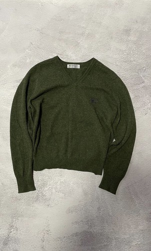 Vintage Burberrys Lambs Wool Sweater Size 17 Green V Neck Logo