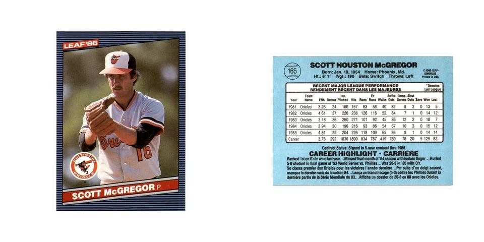 Scott McGregor 1986 Leaf #165 Baltimore Orioles Baseball Card NM - Image 3 of 3