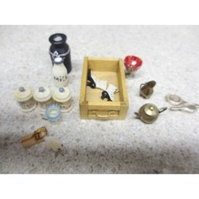 LOT OF 16 MINIATURE DOLL HOUSE CANISTERS ITEMS, MILK JUG MIRROR BRUSH AND MORE V