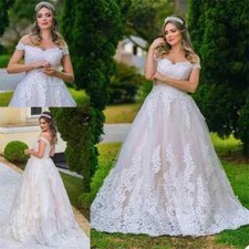 Blush Pink Wedding Dresses Lace Applique Off Shoulder Sweep Train Bridal Gowns