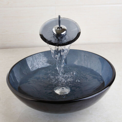 US Bathroom Round Glass Vessel Vanity Sink with Brass Faucet Tap Combo Set - Picture 4 of 9