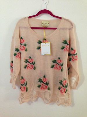 NWT Wildfox Women Oversized Destroyed Rose Mohair Sweater Pink OVERSIZED S