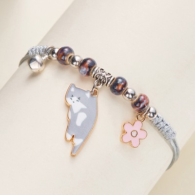 Cute Cartoon Animal Cat Flower Bracelet Minimalist Cat Beaded Braid Bangles Gift