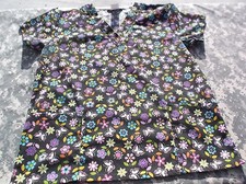 Cassandra O Black Multi Colored Flower  Butterfly Design Large Scrub Top 6779