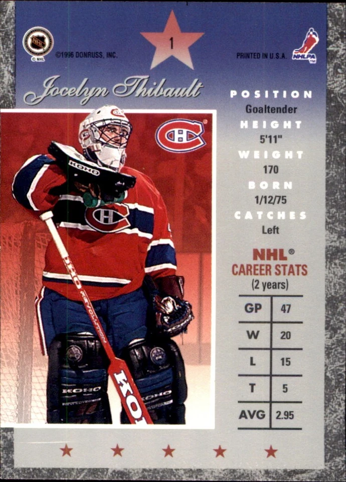 1995-96 Donruss Elite #1 Jocelyn Thibault MONTREAL CANADIENS - Image 2 of 2