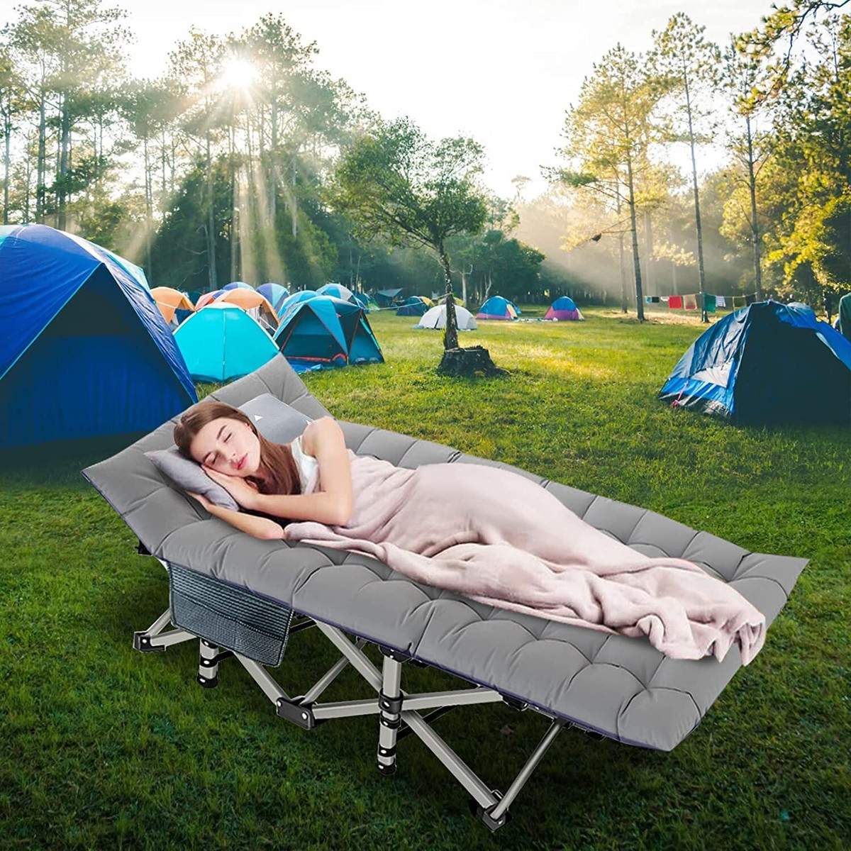 Handnam Heavy-Duty Camping Cot For Adults – Foldable Military Cot, 500lb Capacity, Oxford Grey