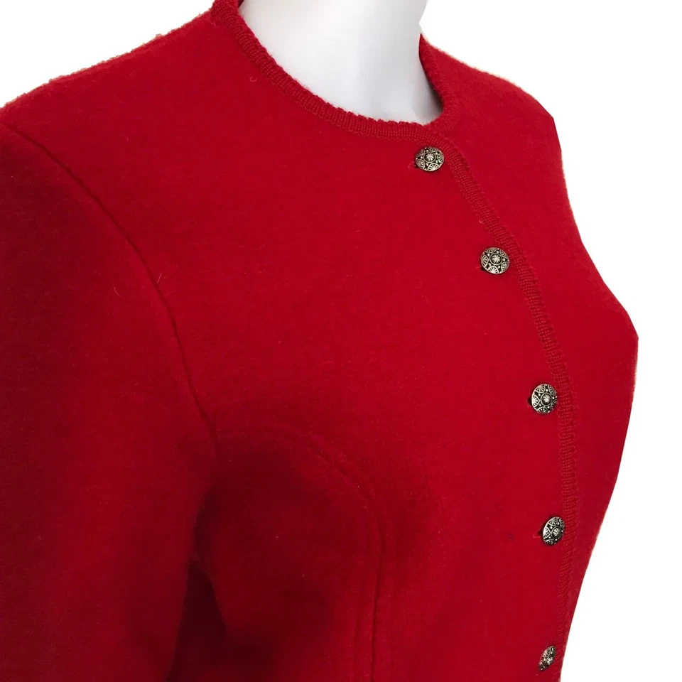 Vintage 1980s Red Wool Jacket With Scalloped Trim S Long Sleeves Silver Buttons - Image 3 of 4
