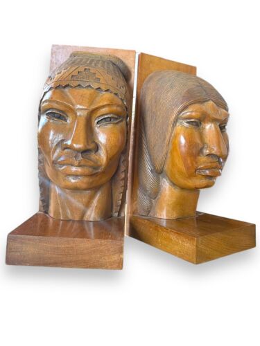 Vintage Wood Carved South American Bust Bookends Indigenous Peoples 9.5" - Picture 1 of 16