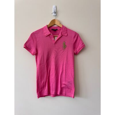 Ralph Lauren Women's Slim Fit Big Pony Pink/Gold Polo Shirt Size
