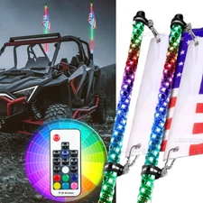 Pair 4ft RGB Spiral LED Whip Lights Antenna Chase + Flag & Remote for ATV UTV