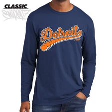 Detroit Tiger Tail Baseball Script Navy Classic Long Sleeve T-Shirt