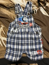 VTG Boys 12 Months Thomas The Train Overalls Shorts Bibs Blue Plaid