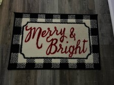 PRINTED KITCHEN RUG nonskid 20"x30" CHRISTMAS,MERRY  BRIGHT,BLACK WHITE, red