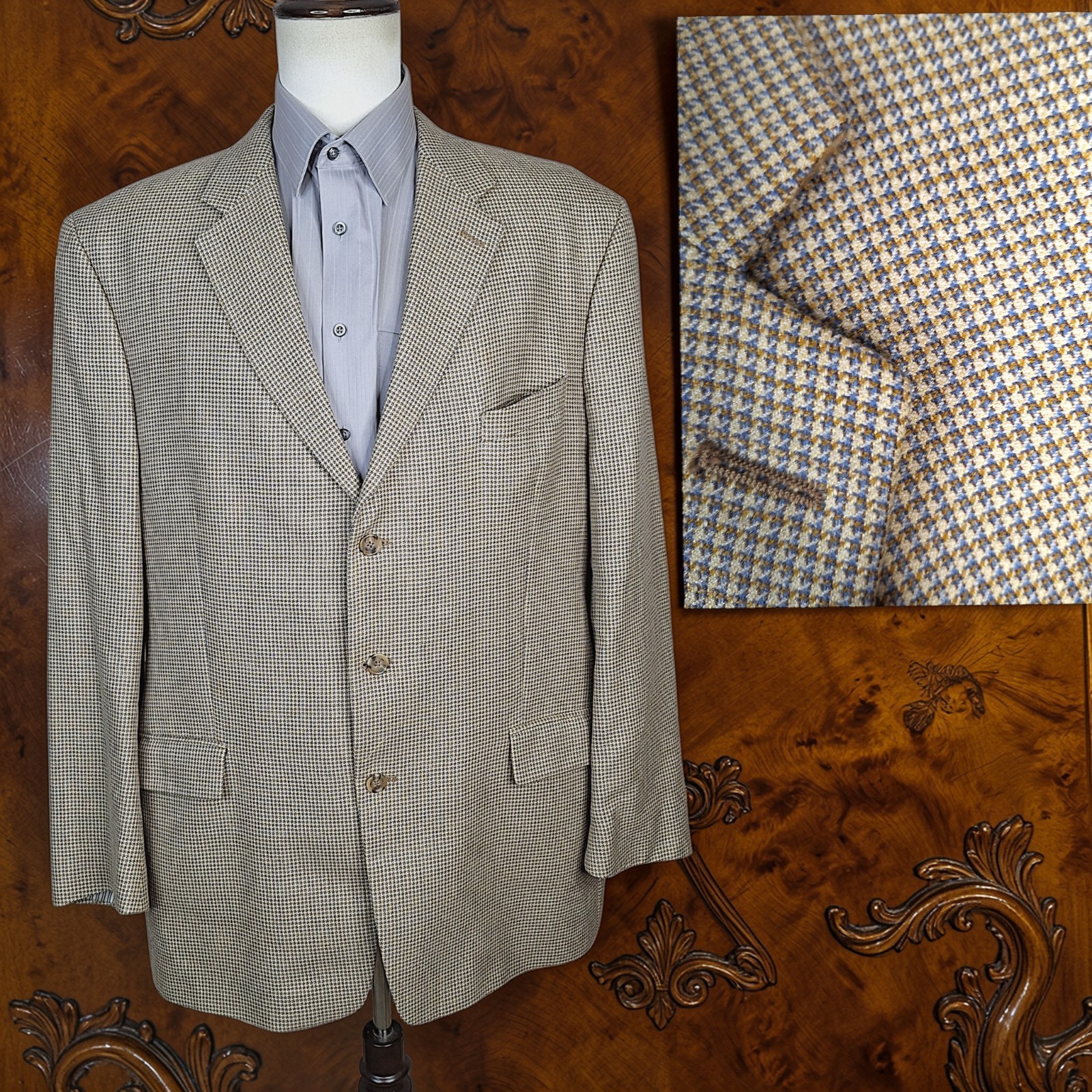 Tallia Silk Wool Linen Blazer Mens 46L Beige Check 3 Button Double Vented