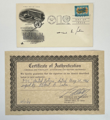 DR ALBERT B SABIN AUTOGRAPHED WORLD HEALTH FIRST DAY COVER   COA