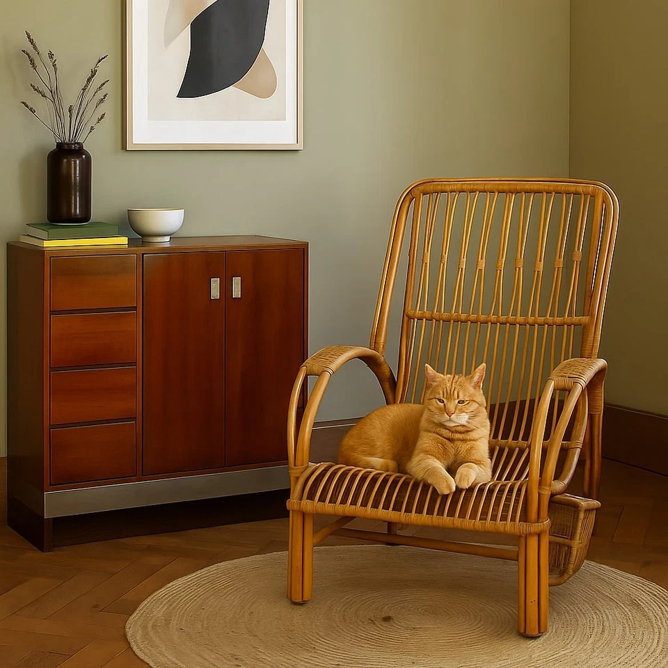 Poltrona Vintage in Vimini con Porta Giornali Italia Anni 60 - Immagine 2 di 4