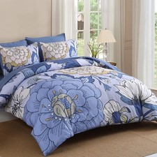 7 Pieces Blue Floral Comforter Set Queen Size Botanical Bed in a Bag, Soft Mi...