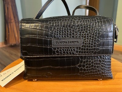 Claudia Canova Fold Over Cross Body Bag in Black Croc Faux Leather Dust Bag NWT