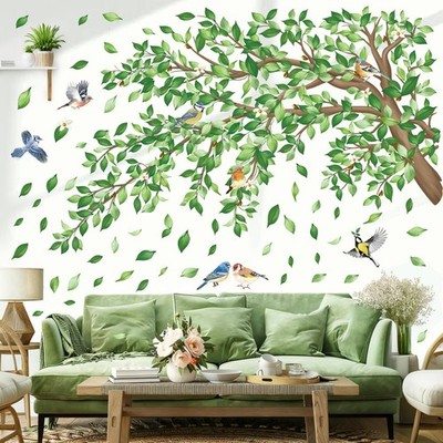 Large Green Tree Branch Wall Decals Green Leaves Floral Wall Stickers Bedroom...