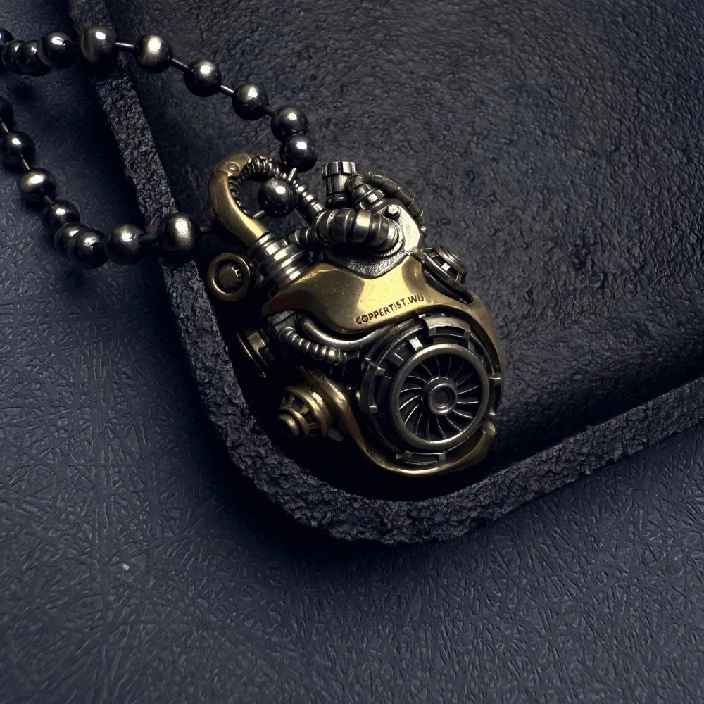 Kinetic Mechanical Heart Pendant in Brass and White Bronze