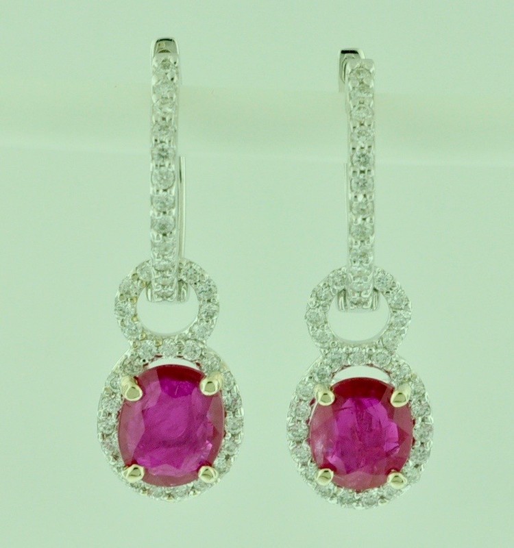 14k Solid White Gold Natural Diamond & Oval Ruby Earring 1.92 ct dangling