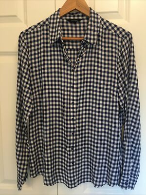 Paradigma Button Front Shirt Women s S Blue White Gingham Roll Tab Sleeves EUC!