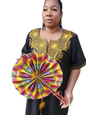 Large African Fan/African Fabric Fan/Ankara Fan/Leather Folding Fan/Multicolor. 