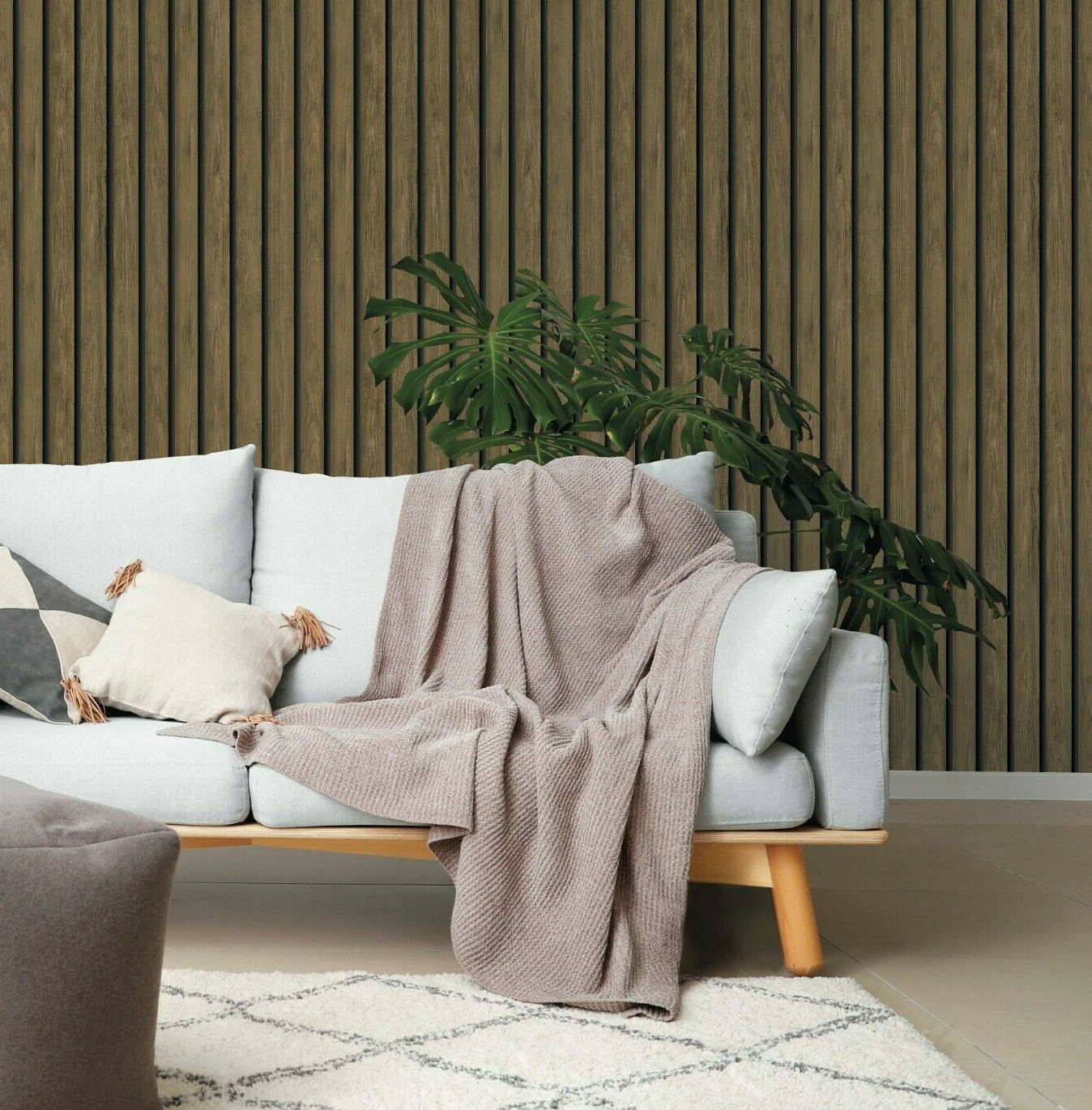Holden Decor Wood Slat Oak Wallpaper Natural Grey Faux Wooden Panel