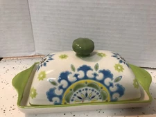 Artistic Accents Butter Bowl Dish with lid 2 pc. Set Ceramic 8"L 3.5"W 3"H