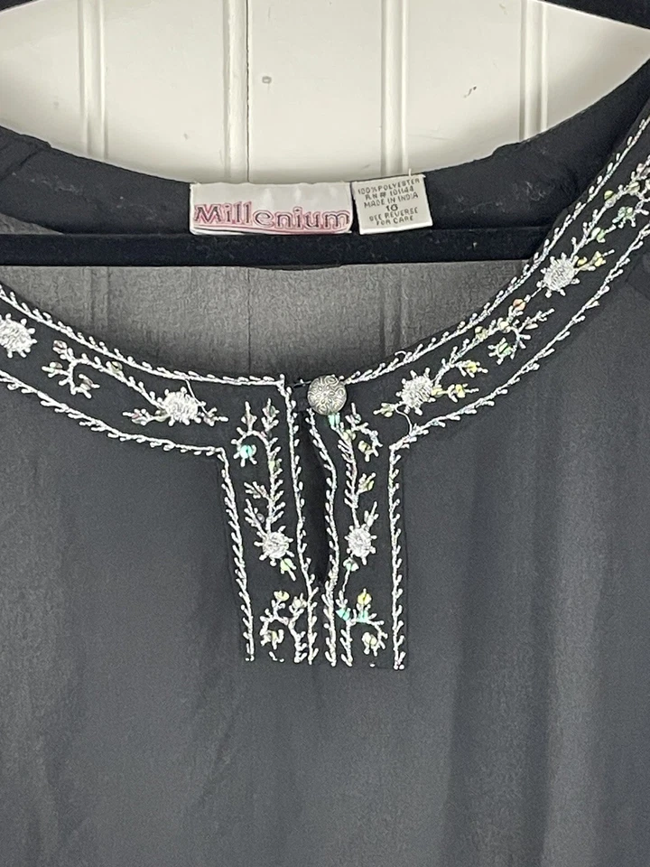 Blusa túnica transparente Millenium para mujer negra plateada mangas kimono talla 16 Foto 2 de 4