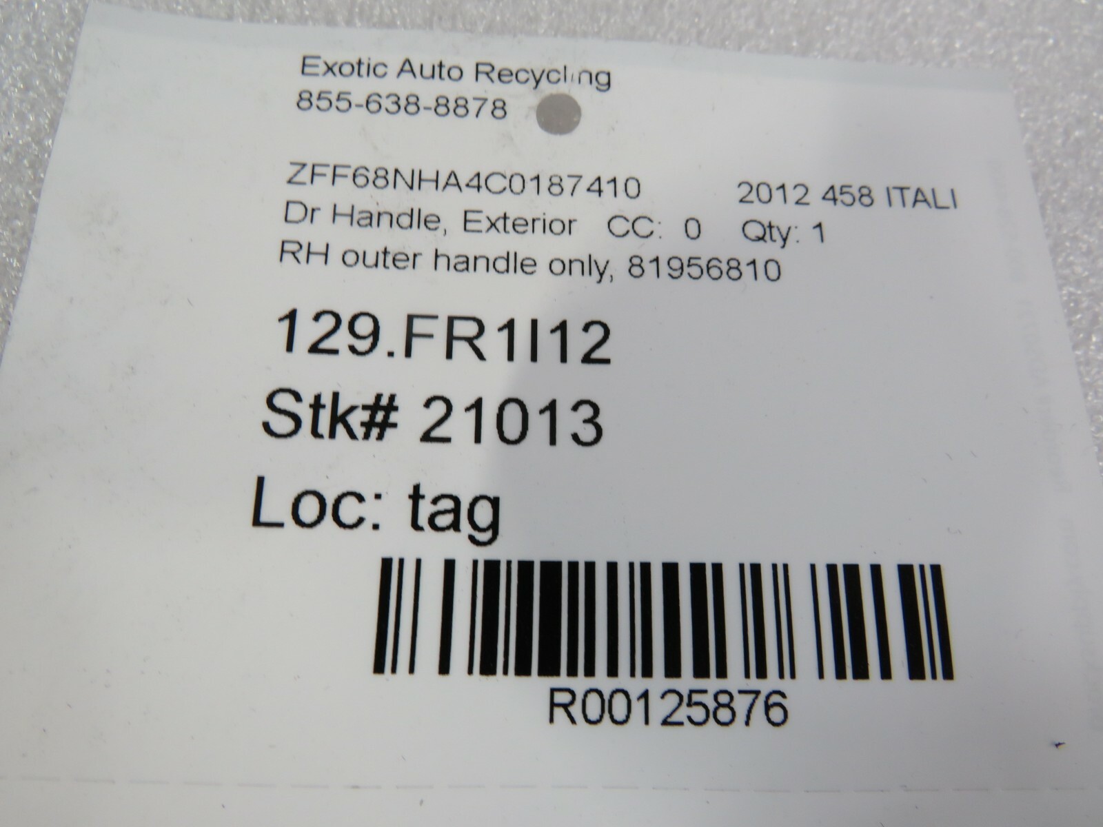 Ferrari 458 Italia, Spider, RH, Right, Exterior Door Handle, Used, P/N 81956810