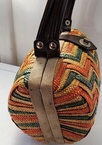 Vintage 1950's Multicolor Straw Circular Box Purse Unique Handbag - Picture 4 of 7